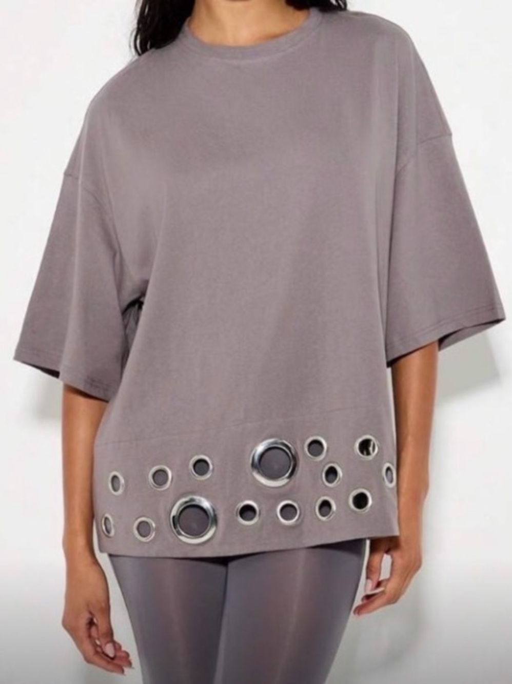 Gray Taupe Oversized Shirt + Silver Grommets Mid-Sleeve Chic XS NWT